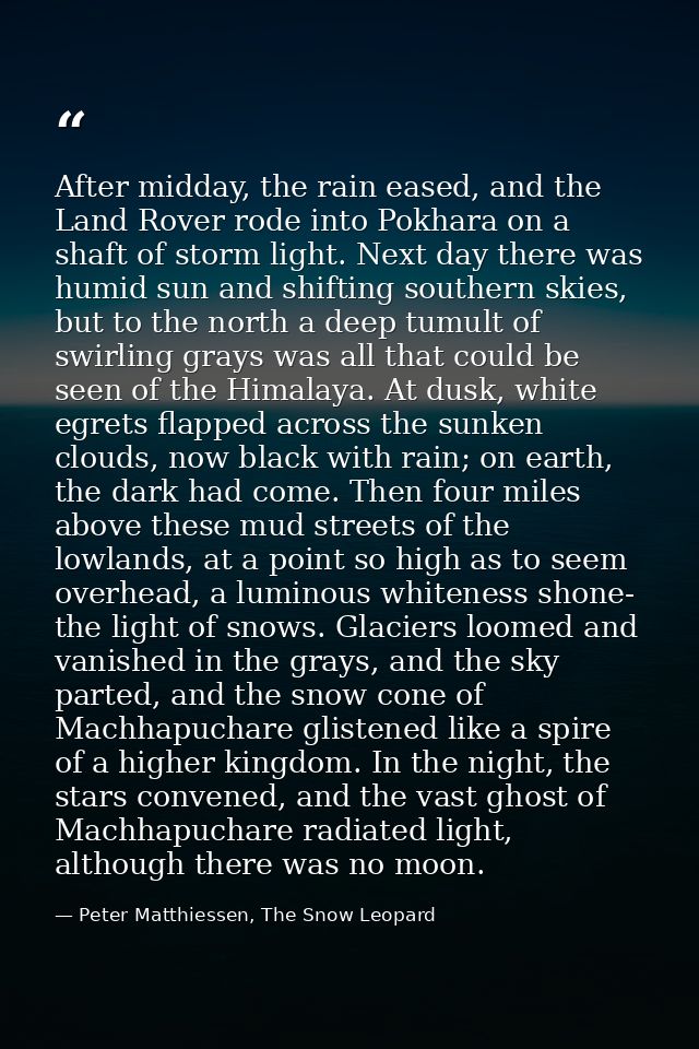 After midday, the rain eased, and the Land Rover rode into Pokhara on a shaft of storm light. Next day there was humid s — Peter Matthiessen, The Snow Leopard