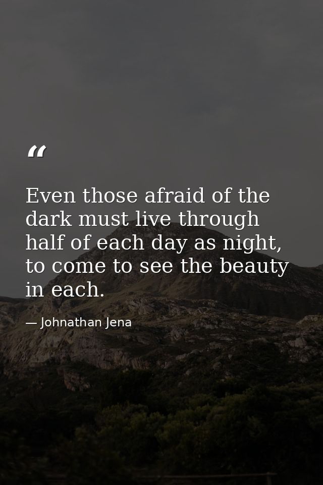 Even those afraid of the dark must live through half of each day as night, to come to see the beauty in each. — Johnathan Jena