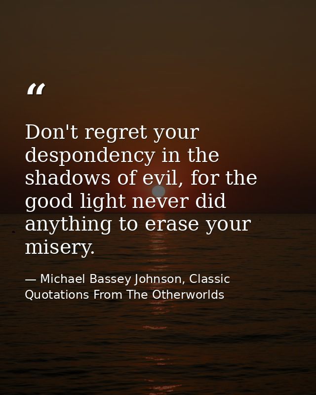 Don't regret your despondency in the shadows of evil, for the good light never did anything to erase your misery. — Michael Bassey Johnson, Classic Quotations From The Otherworlds