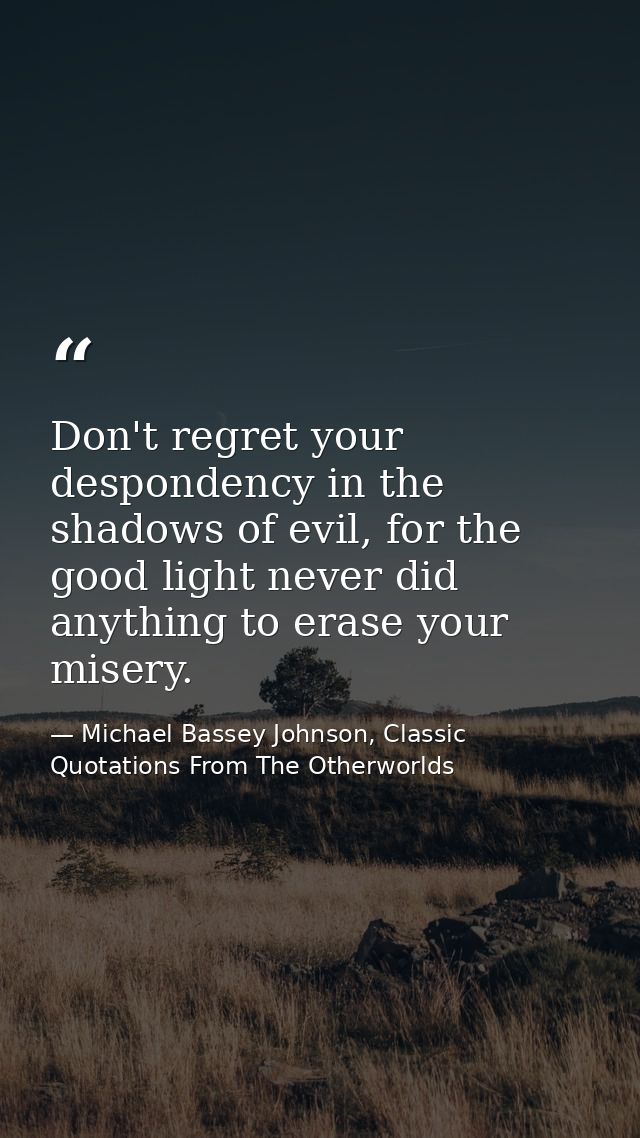 Don't regret your despondency in the shadows of evil, for the good light never did anything to erase your misery. — Michael Bassey Johnson, Classic Quotations From The Otherworlds
