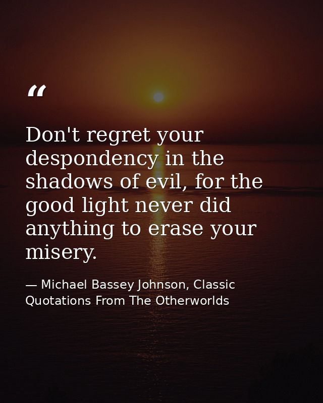 Don't regret your despondency in the shadows of evil, for the good light never did anything to erase your misery. — Michael Bassey Johnson, Classic Quotations From The Otherworlds