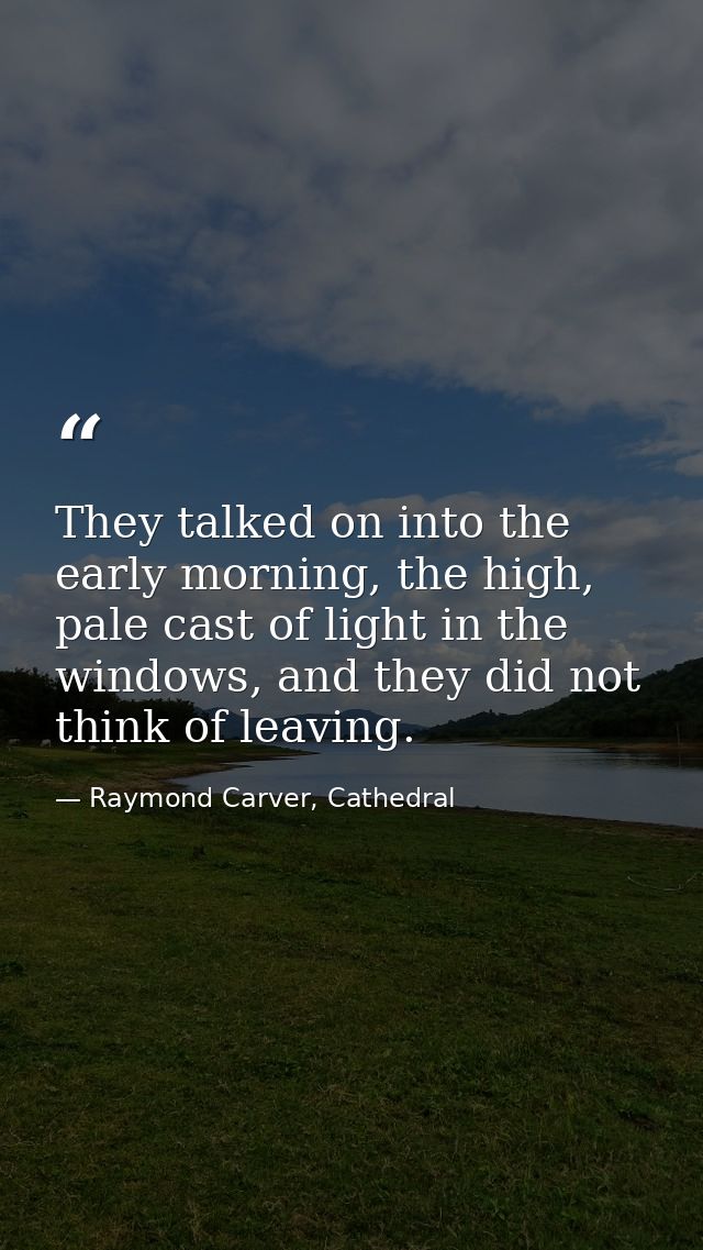 They talked on into the early morning, the high, pale cast of light in the windows, and they did not think of leaving. — Raymond Carver, Cathedral
