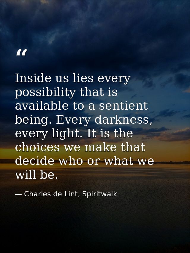 Inside us lies every possibility that is available to a sentient being. Every darkness, every light. It is the choices w — Charles de Lint, Spiritwalk