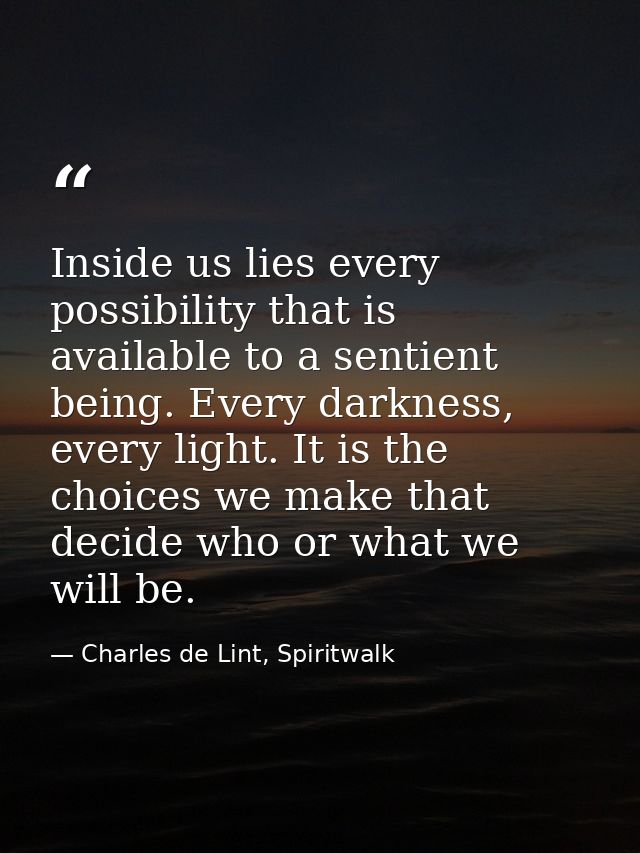 Inside us lies every possibility that is available to a sentient being. Every darkness, every light. It is the choices w — Charles de Lint, Spiritwalk