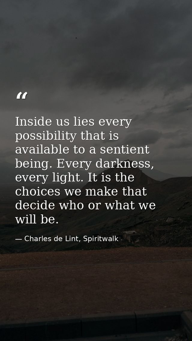 Inside us lies every possibility that is available to a sentient being. Every darkness, every light. It is the choices w — Charles de Lint, Spiritwalk