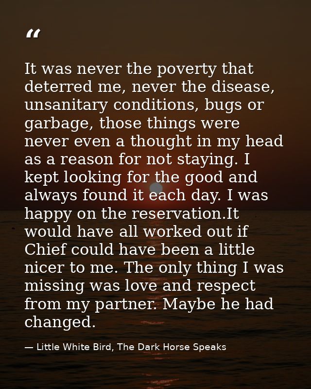It was never the poverty that deterred me, never the disease, unsanitary conditions, bugs or garbage, those things were  — Little White Bird, The Dark Horse Speaks