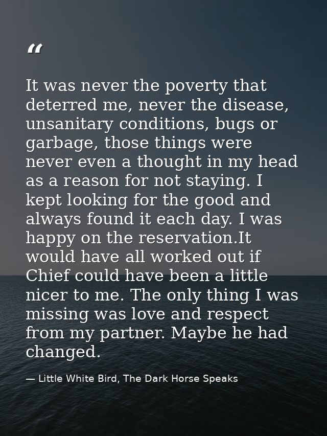 It was never the poverty that deterred me, never the disease, unsanitary conditions, bugs or garbage, those things were  — Little White Bird, The Dark Horse Speaks