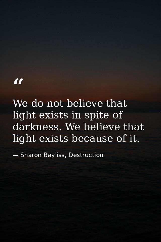 We do not believe that light exists in spite of darkness. We believe that light exists because of it. — Sharon Bayliss, Destruction