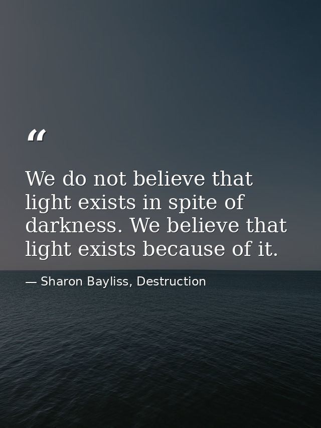 We do not believe that light exists in spite of darkness. We believe that light exists because of it. — Sharon Bayliss, Destruction