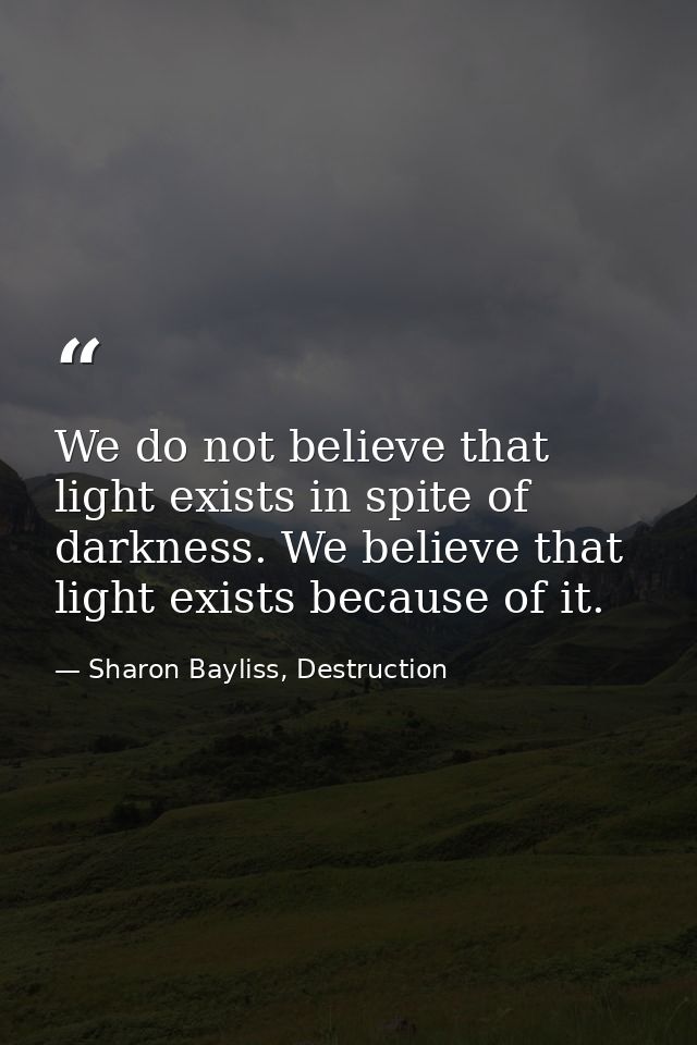We do not believe that light exists in spite of darkness. We believe that light exists because of it. — Sharon Bayliss, Destruction