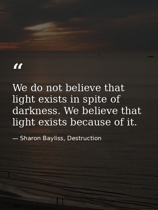 We do not believe that light exists in spite of darkness. We believe that light exists because of it. — Sharon Bayliss, Destruction