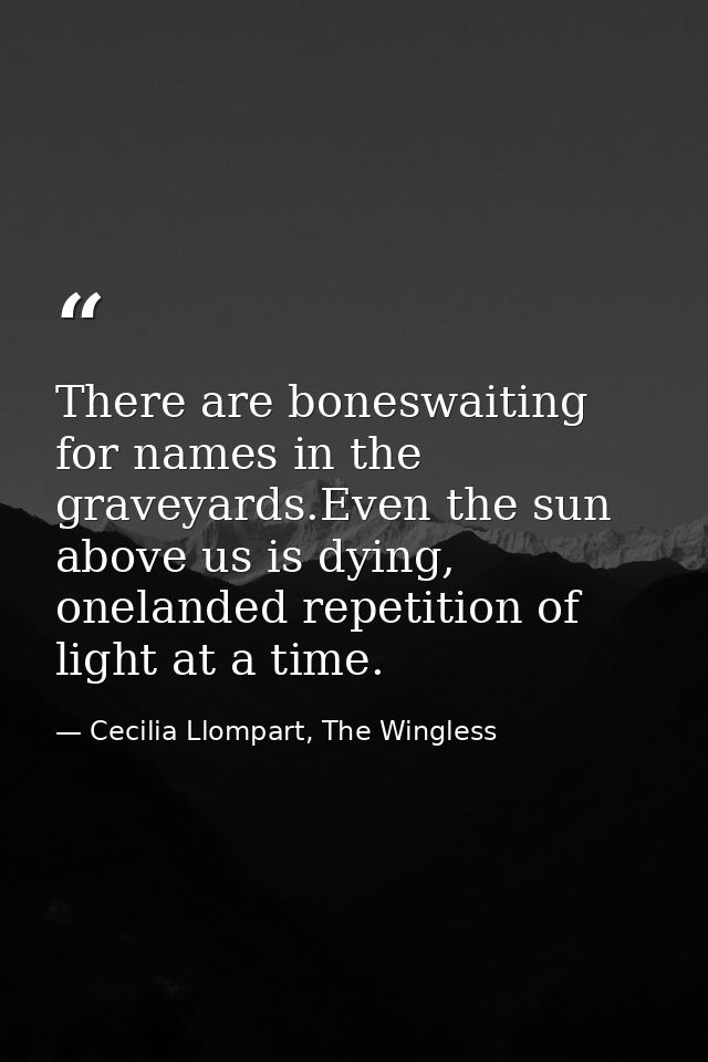 There are boneswaiting for names in the graveyards.Even the sun above us is dying, onelanded repetition of light at a ti — Cecilia Llompart, The Wingless