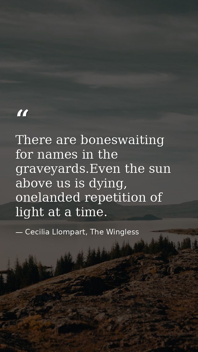 There are boneswaiting for names in the graveyards.Even the sun above us is dying, onelanded repetition of light at a ti — Cecilia Llompart, The Wingless