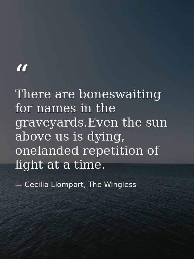 There are boneswaiting for names in the graveyards.Even the sun above us is dying, onelanded repetition of light at a ti — Cecilia Llompart, The Wingless