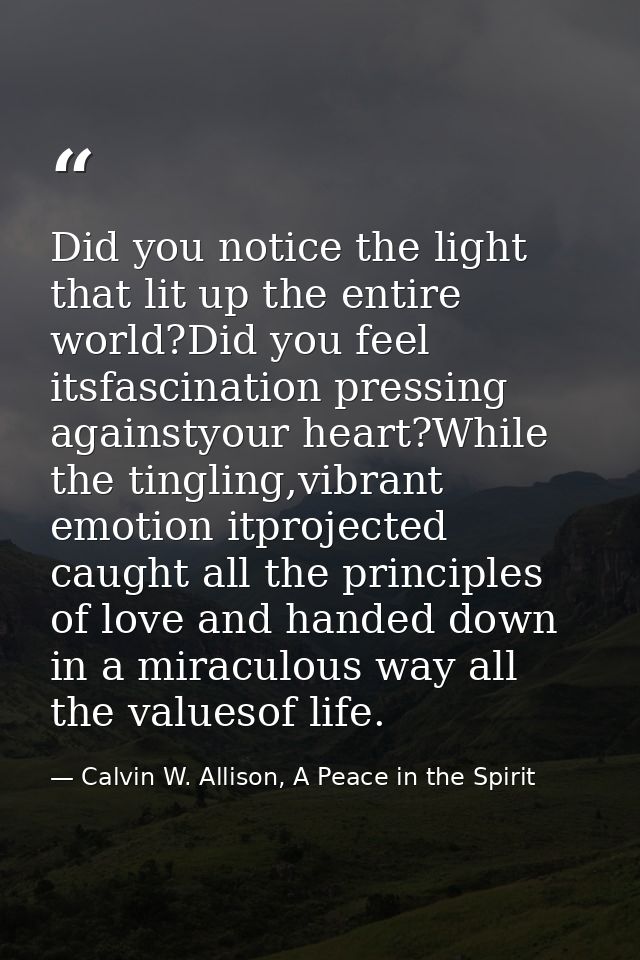 Did you notice the light that lit up the entire world?Did you feel itsfascination pressing againstyour heart?While the t — Calvin W. Allison, A Peace in the Spirit