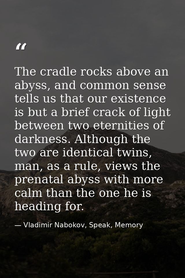 The cradle rocks above an abyss, and common sense tells us that our existence is but a brief crack of light between two  — Vladimir Nabokov, Speak, Memory
