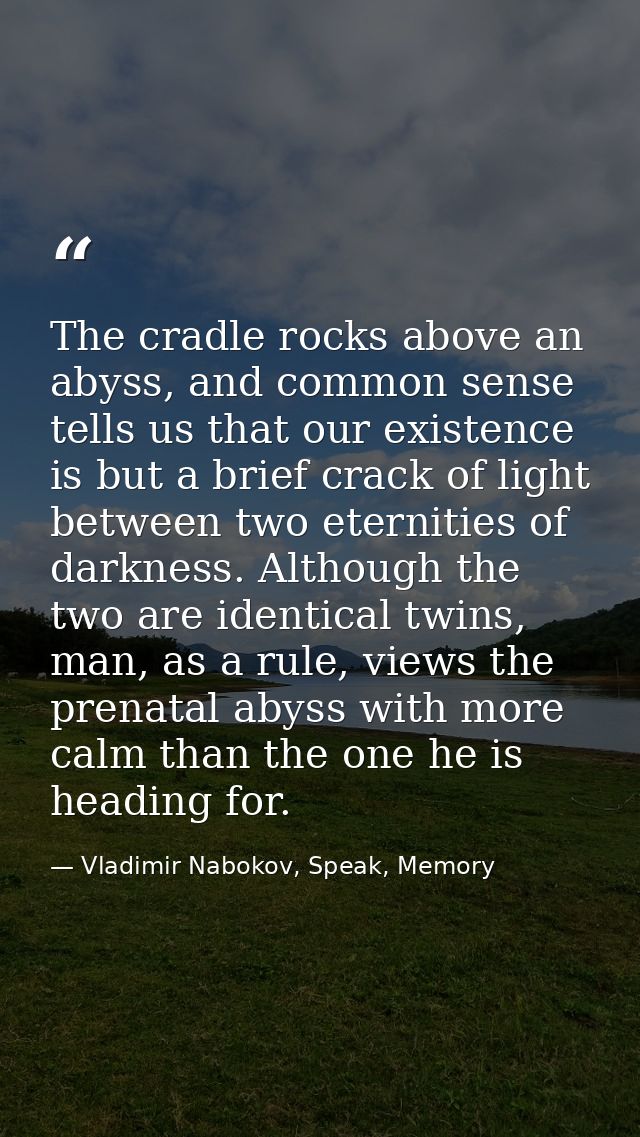 The cradle rocks above an abyss, and common sense tells us that our existence is but a brief crack of light between two  — Vladimir Nabokov, Speak, Memory