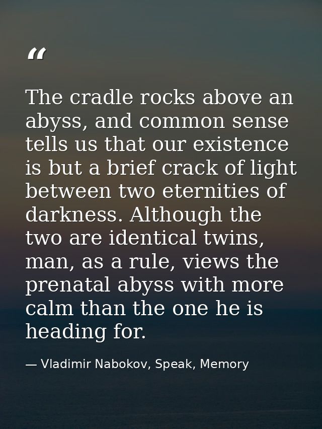 The cradle rocks above an abyss, and common sense tells us that our existence is but a brief crack of light between two  — Vladimir Nabokov, Speak, Memory