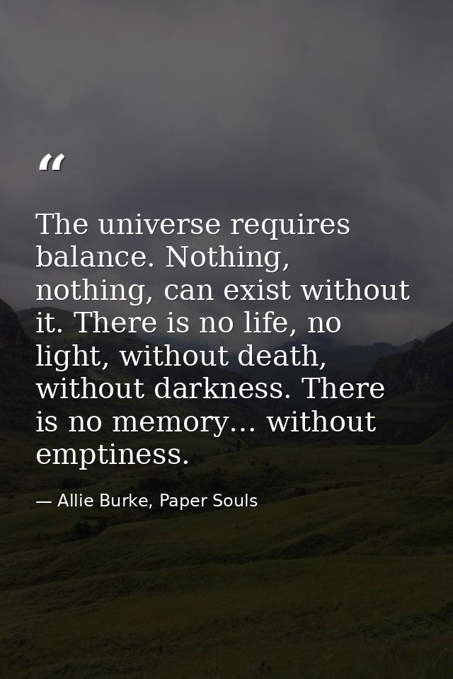 The universe requires balance. Nothing, nothing, can exist without it. There is no life, no light, without death, withou — Allie Burke, Paper Souls