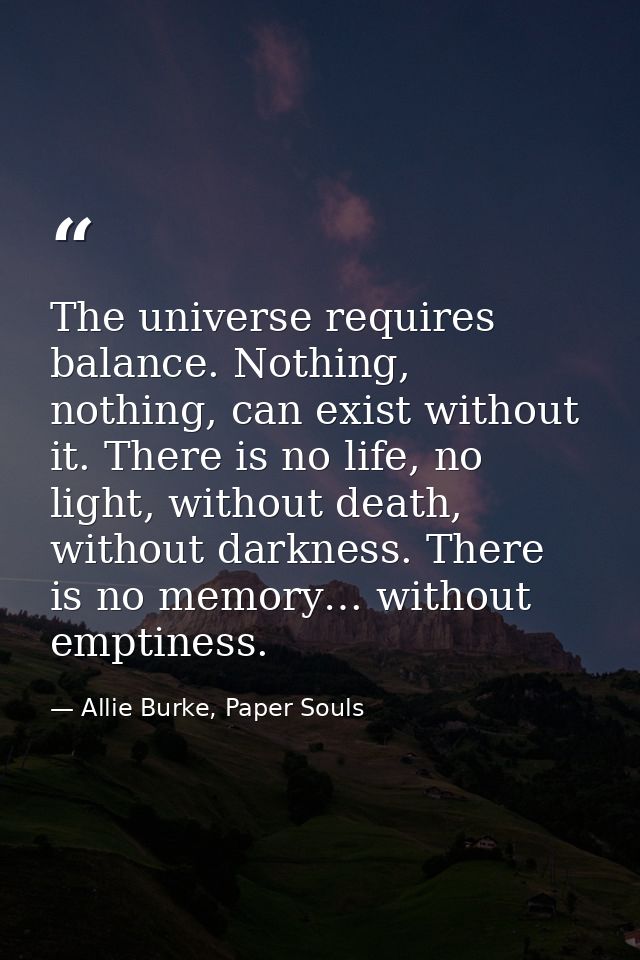 The universe requires balance. Nothing, nothing, can exist without it. There is no life, no light, without death, withou — Allie Burke, Paper Souls