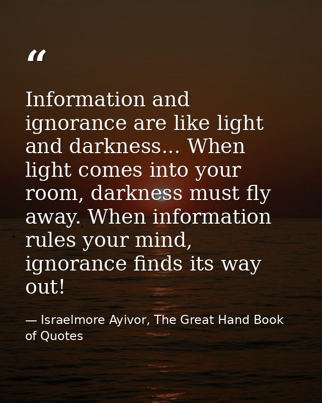 Information and ignorance are like light and darkness... When light comes into your room, darkness must fly away. When i — Israelmore Ayivor, The Great Hand Book of Quotes