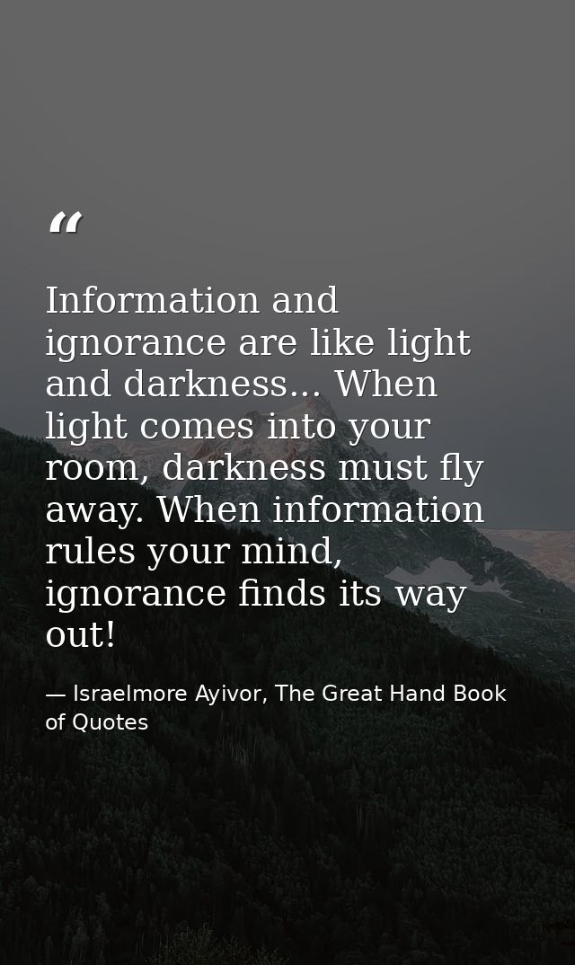 Information and ignorance are like light and darkness... When light comes into your room, darkness must fly away. When i — Israelmore Ayivor, The Great Hand Book of Quotes