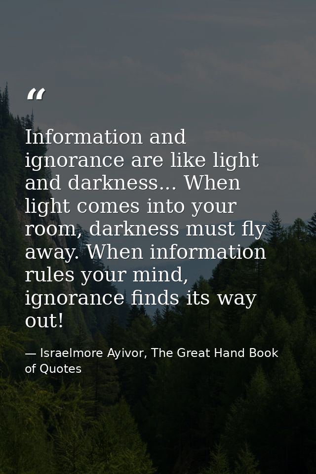 Information and ignorance are like light and darkness... When light comes into your room, darkness must fly away. When i — Israelmore Ayivor, The Great Hand Book of Quotes