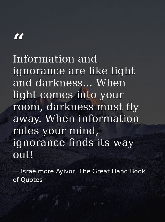 Information and ignorance are like light and darkness... When light comes into your room, darkness must fly away. When i — Israelmore Ayivor, The Great Hand Book of Quotes