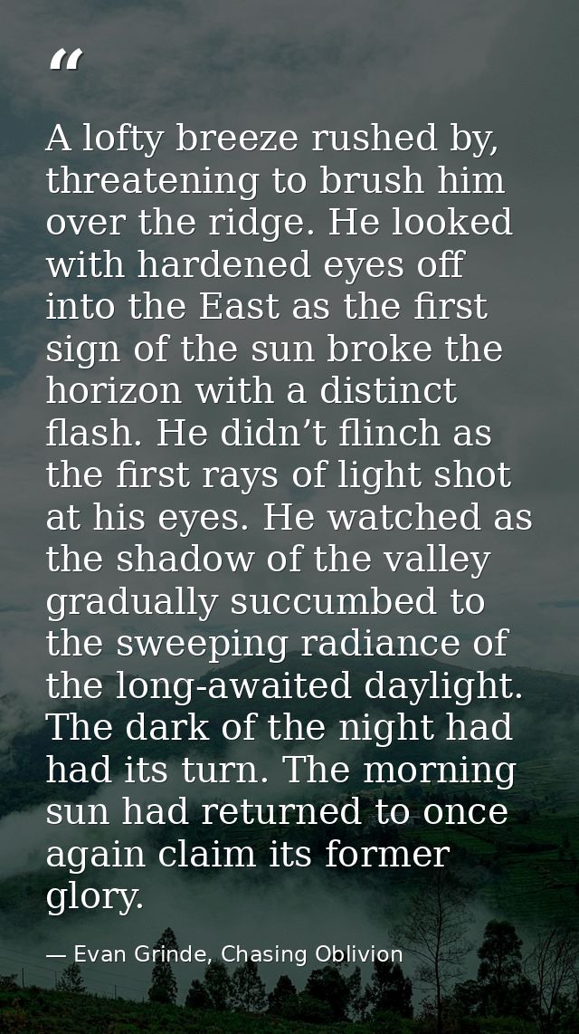 A lofty breeze rushed by, threatening to brush him over the ridge. He looked with hardened eyes off into the East as the — Evan Grinde, Chasing Oblivion
