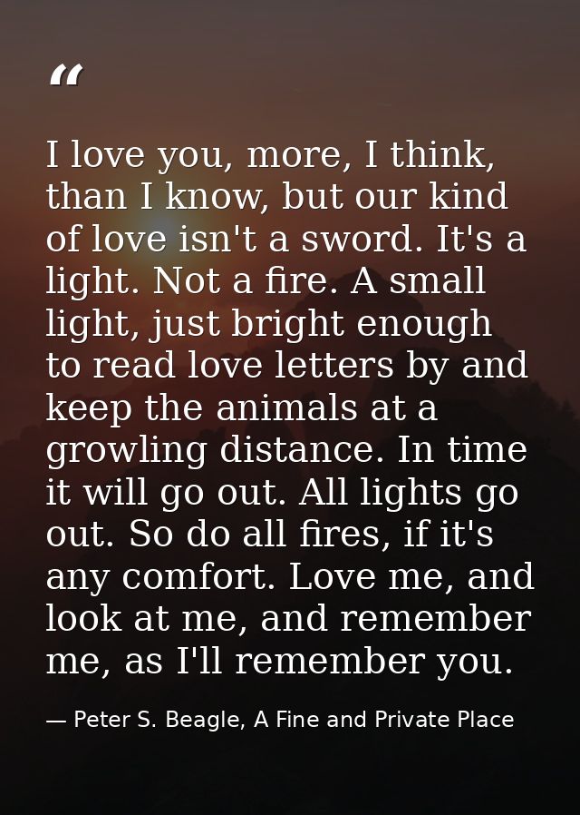 I love you, more, I think, than I know, but our kind of love isn't a sword. It's a light. Not a fire. A small light, jus — Peter S. Beagle, A Fine and Private Place