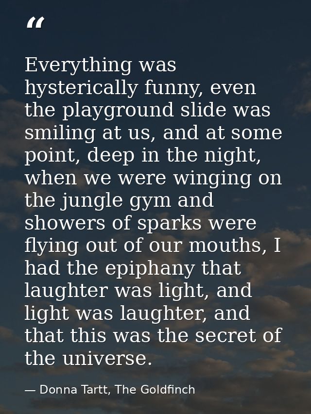 Everything was hysterically funny, even the playground slide was smiling at us, and at some point, deep in the night, wh — Donna Tartt, The Goldfinch