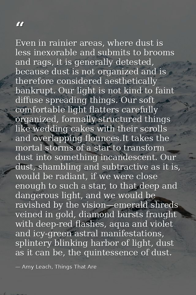 Even in rainier areas, where dust is less inexorable and submits to brooms and rags, it is generally detested, because d — Amy Leach, Things That Are