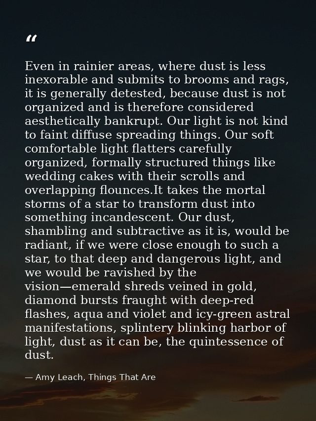 Even in rainier areas, where dust is less inexorable and submits to brooms and rags, it is generally detested, because d — Amy Leach, Things That Are