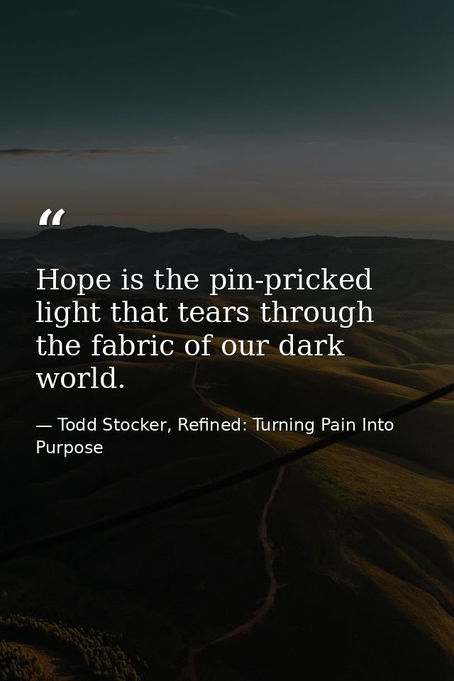 Hope is the pin-pricked light that tears through the fabric of our dark world. — Todd Stocker, Refined: Turning Pain Into Purpose
