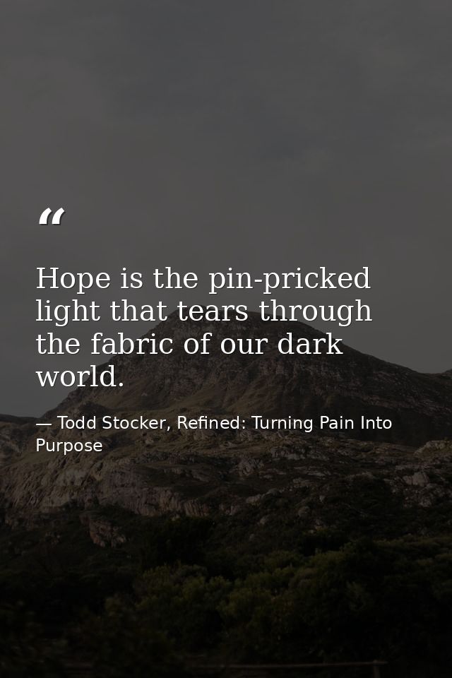 Hope is the pin-pricked light that tears through the fabric of our dark world. — Todd Stocker, Refined: Turning Pain Into Purpose