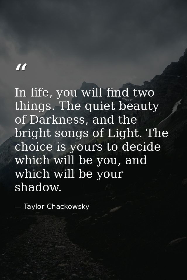 In life, you will find two things. The quiet beauty of Darkness, and the bright songs of Light. The choice is yours to d — Taylor Chackowsky