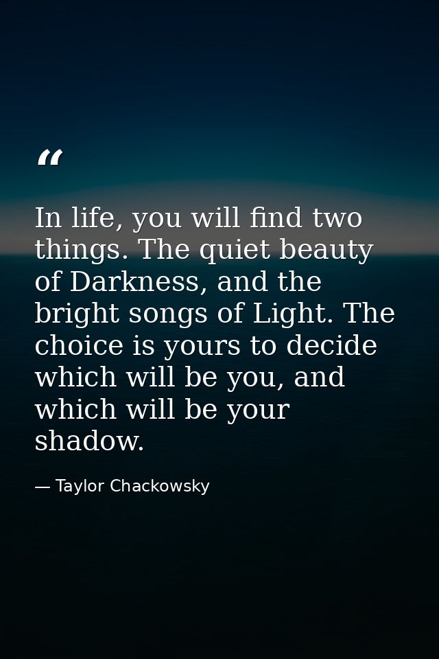 In life, you will find two things. The quiet beauty of Darkness, and the bright songs of Light. The choice is yours to d — Taylor Chackowsky