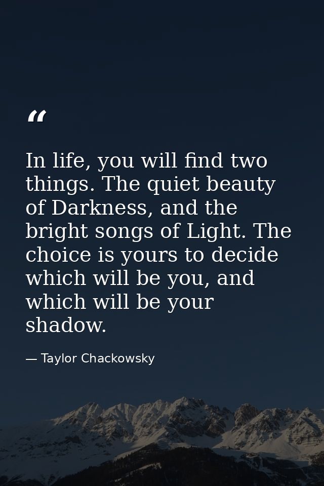 In life, you will find two things. The quiet beauty of Darkness, and the bright songs of Light. The choice is yours to d — Taylor Chackowsky