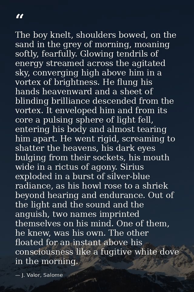 The boy knelt, shoulders bowed, on the sand in the grey of morning, moaning softly, fearfully. Glowing tendrils of energ — J. Valor, Salome