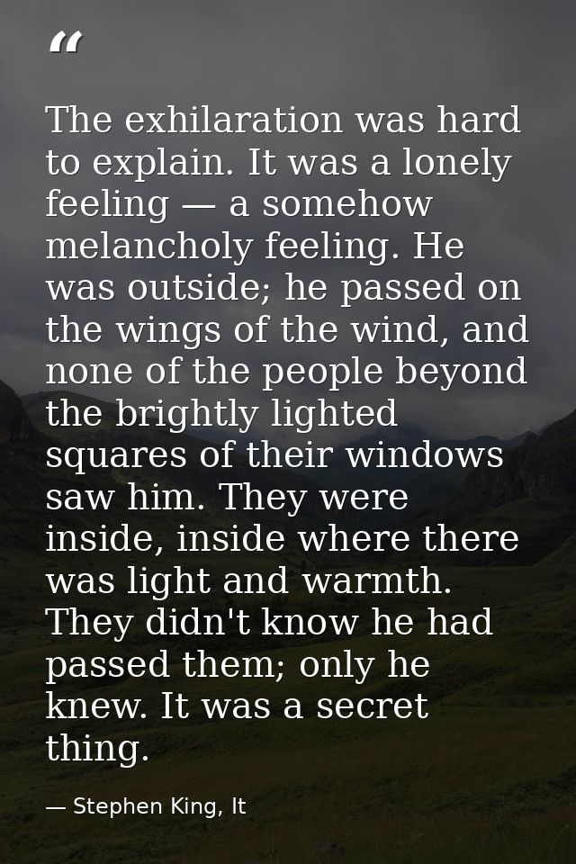 The exhilaration was hard to explain. It was a lonely feeling — a somehow melancholy feeling. He was outside; he passed  — Stephen King, It