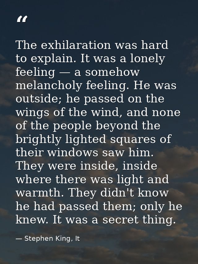 The exhilaration was hard to explain. It was a lonely feeling — a somehow melancholy feeling. He was outside; he passed  — Stephen King, It