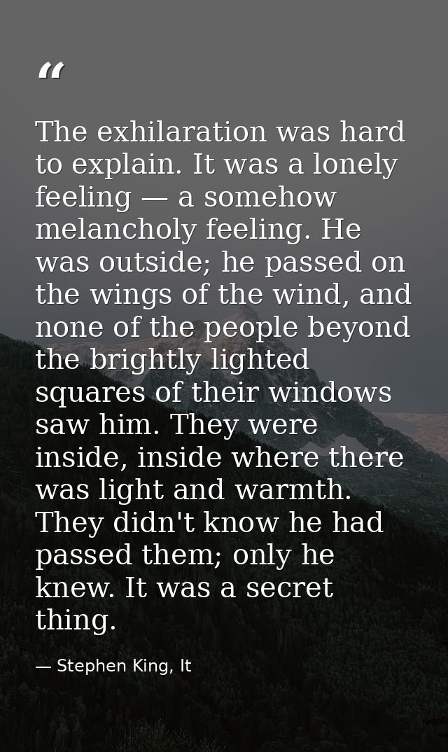 The exhilaration was hard to explain. It was a lonely feeling — a somehow melancholy feeling. He was outside; he passed  — Stephen King, It