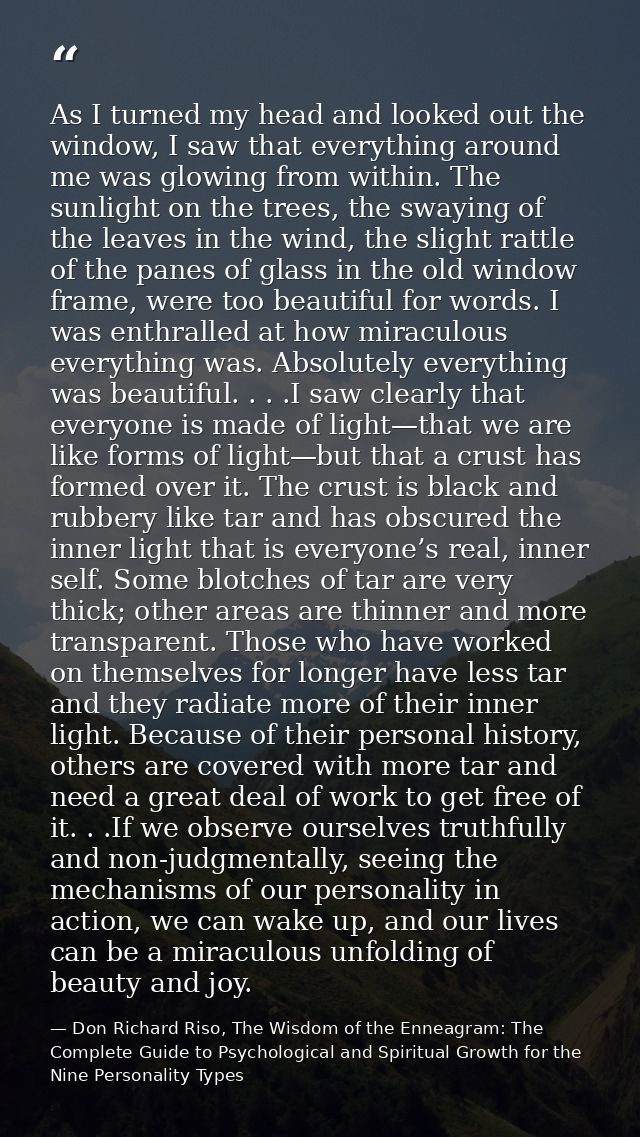 As I turned my head and looked out the window, I saw that everything around me was glowing from within. The sunlight on  — Don Richard Riso, The Wisdom of the Enneagram: The Complete Guide to Psychological and Spiritual Growth for the Nine Personality Types