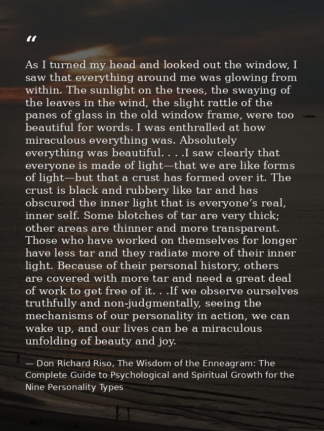 As I turned my head and looked out the window, I saw that everything around me was glowing from within. The sunlight on  — Don Richard Riso, The Wisdom of the Enneagram: The Complete Guide to Psychological and Spiritual Growth for the Nine Personality Types