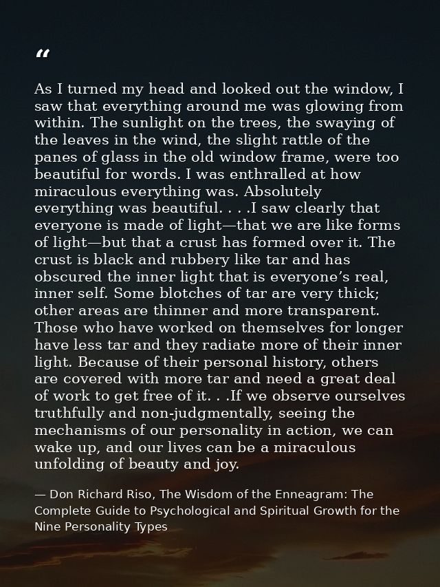 As I turned my head and looked out the window, I saw that everything around me was glowing from within. The sunlight on  — Don Richard Riso, The Wisdom of the Enneagram: The Complete Guide to Psychological and Spiritual Growth for the Nine Personality Types
