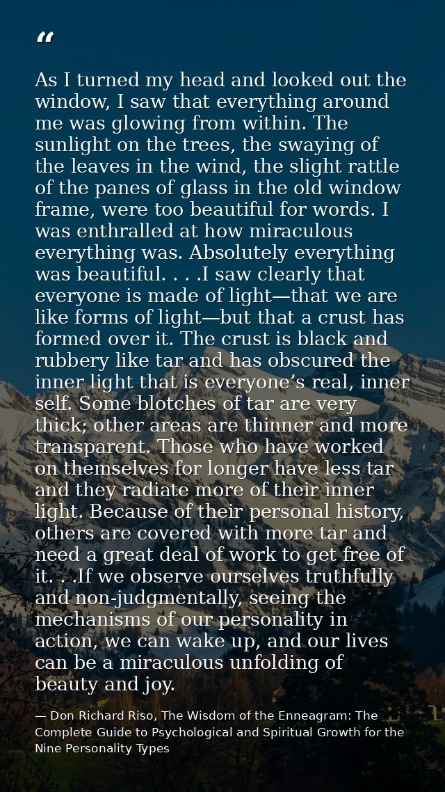 As I turned my head and looked out the window, I saw that everything around me was glowing from within. The sunlight on  — Don Richard Riso, The Wisdom of the Enneagram: The Complete Guide to Psychological and Spiritual Growth for the Nine Personality Types