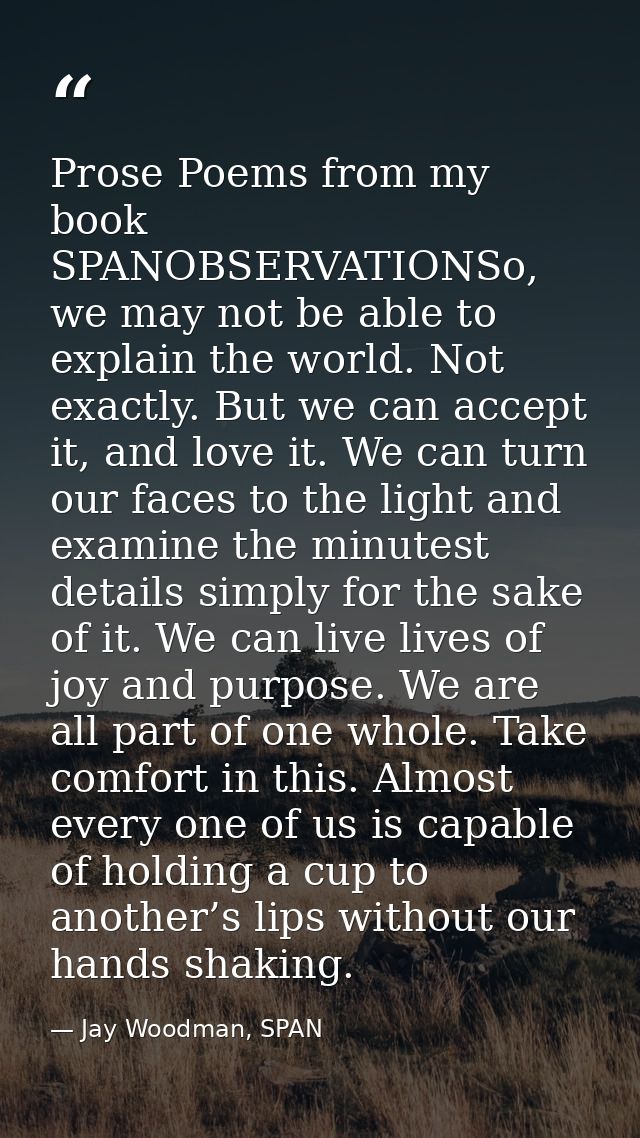 Prose Poems from my book SPANOBSERVATIONSo, we may not be able to explain the world. Not exactly. But we can accept it,  — Jay Woodman, SPAN