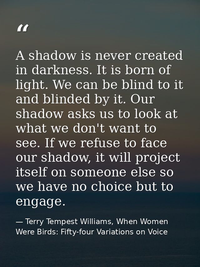 A shadow is never created in darkness. It is born of light. We can be blind to it and blinded by it. Our shadow asks us  — Terry Tempest Williams, When Women Were Birds: Fifty-four Variations on Voice