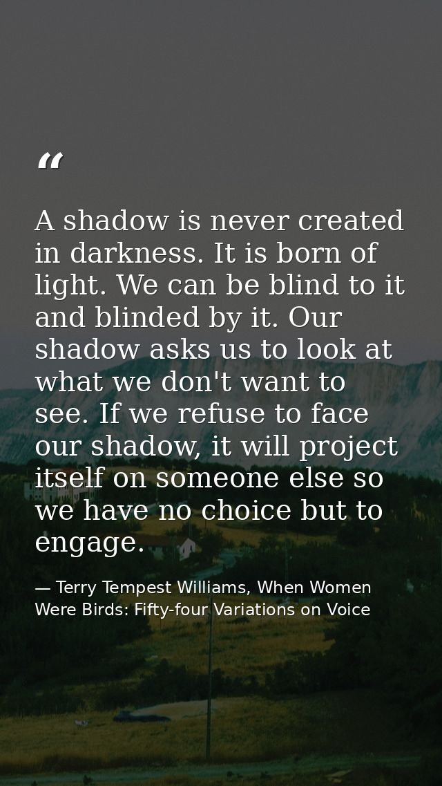 A shadow is never created in darkness. It is born of light. We can be blind to it and blinded by it. Our shadow asks us  — Terry Tempest Williams, When Women Were Birds: Fifty-four Variations on Voice