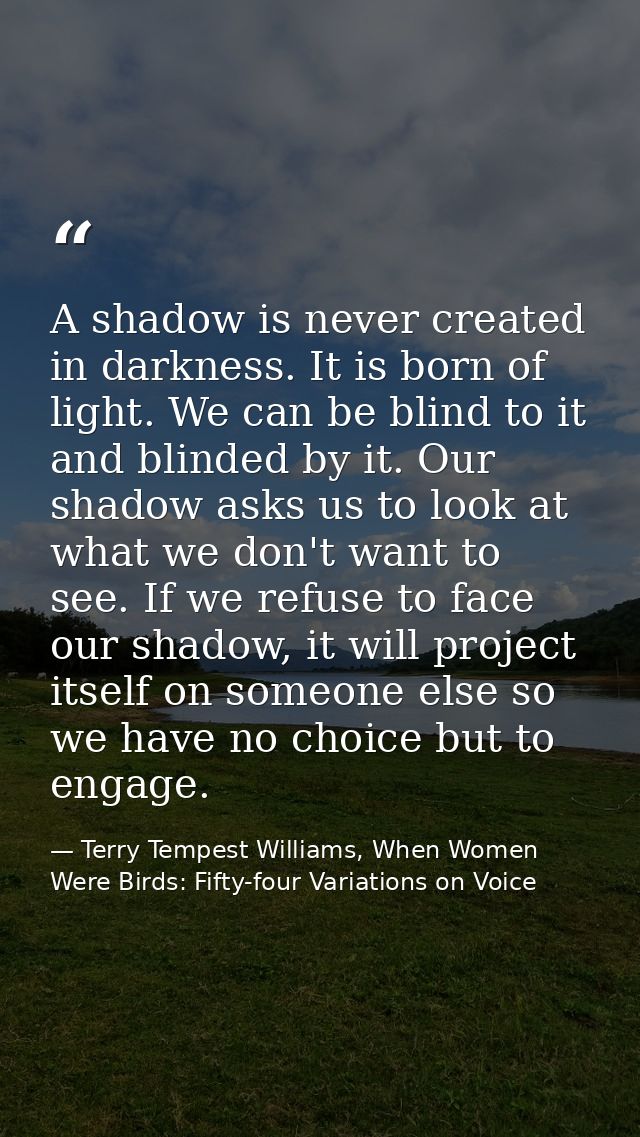 A shadow is never created in darkness. It is born of light. We can be blind to it and blinded by it. Our shadow asks us  — Terry Tempest Williams, When Women Were Birds: Fifty-four Variations on Voice